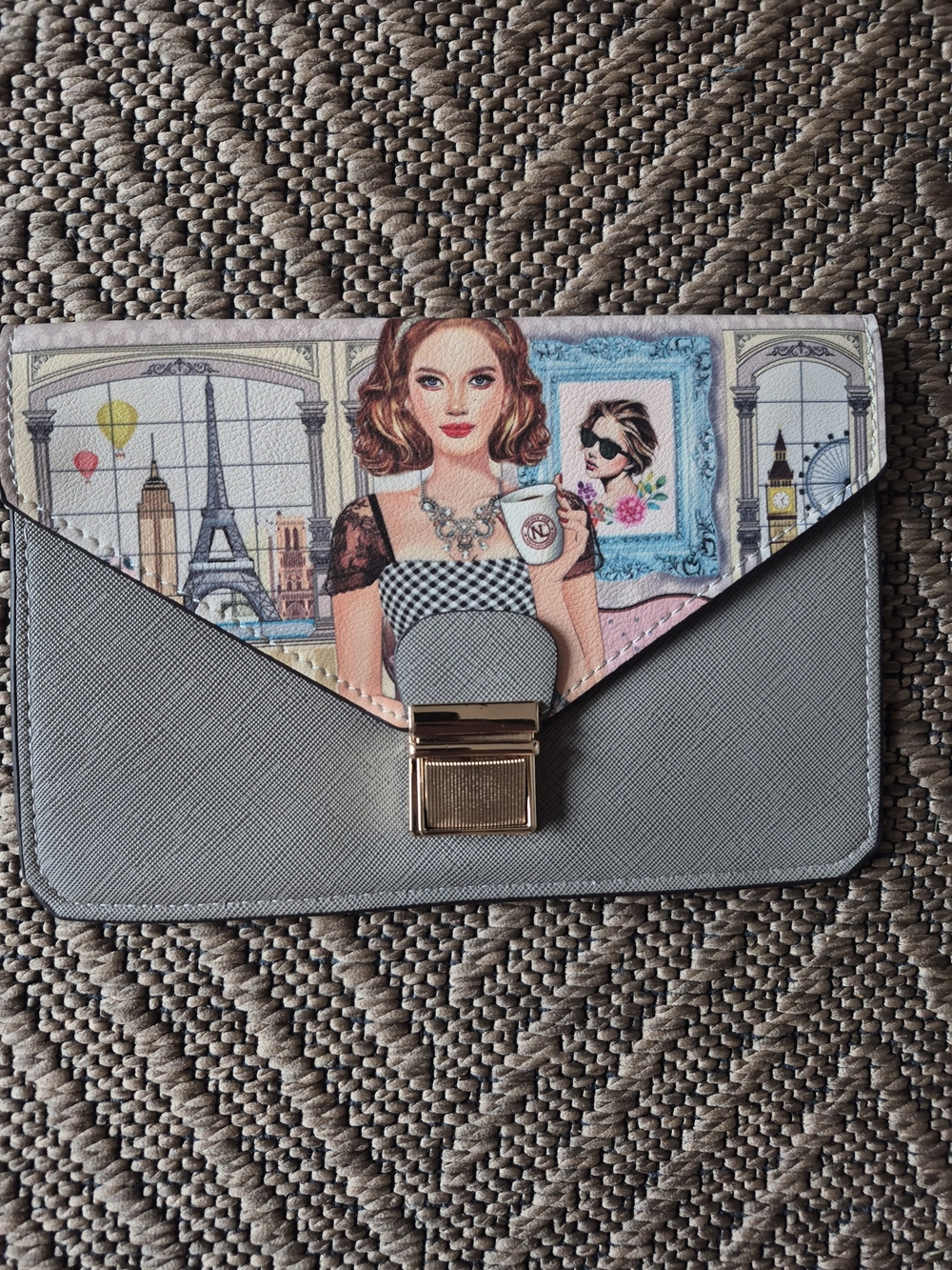 Nicole Lee Gray Paris Illustration Envelope Clutch with Gold Hardware